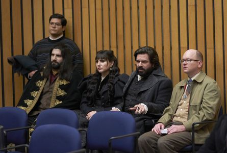 Kayvan Novak, Mark Proksch, Matt Berry, Harvey Guillén, and Natasia Demetriou in What We Do in the Shadows (2019)