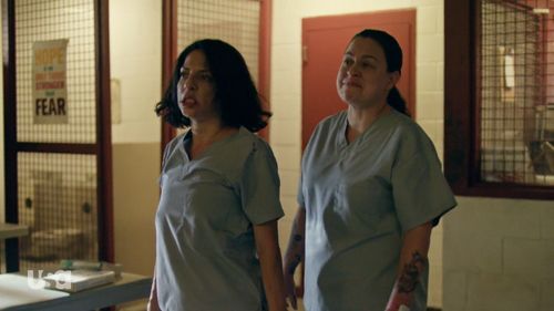 Still of Veronica Falcón and CC Castillo in Queen of the South, Que Manden los Payasos.