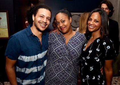 WEST HOLLYWOOD, CA - OCTOBER 09: (L-R) Producer Ramses Jimenez, Mariel Saldana and producer Cisely Saldana pose at a par