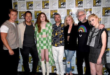 James Gunn, Sean Gunn, Chris Pratt, Karen Gillan, Will Poulter, Pom Klementieff, and Maria Bakalova at an event for Guar