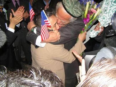 Rebiya Kadeer arrives in Washington DC after serving 6 years in a Chinese prison for sending newspaper clippings to her 