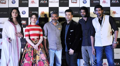 Karan Johar, Prabhas, Tamannaah Bhatia, Anushka Shetty, and Rana Daggubati at an event for Baahubali: The Beginning (201