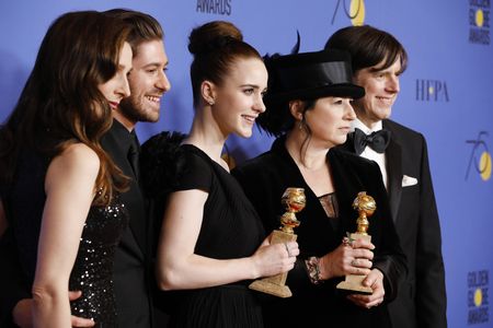 Marin Hinkle, Daniel Palladino, Amy Sherman-Palladino, Michael Zegen, and Rachel Brosnahan at an event for 75th Golden G