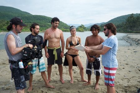 on the set of movie RIDING TO THE LIGHT director Fernando Lebrija on the right, actors Alejandro Edda, Erendira Ibarra a