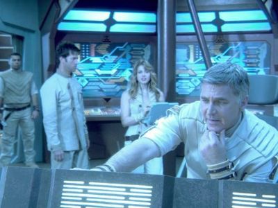 Bruce Dawson, Joe Flanigan, and Pascale Hutton in Stargate: Atlantis (2004)