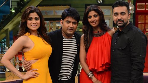 Shamita Shetty, Shilpa Shetty Kundra, and Raj Kundra in The Kapil Sharma Show (2016)