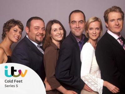 Robert Bathurst, Helen Baxendale, Kimberley Joseph, James Nesbitt, Hermione Norris, and John Thomson in Cold Feet (1997)