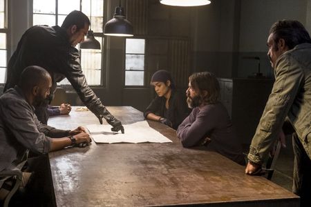 Jeffrey Dean Morgan, Matt Mangum, Steven Ogg, Mike Seal, Austin Amelio, and Elizabeth Faith Ludlow in The Walking Dead (