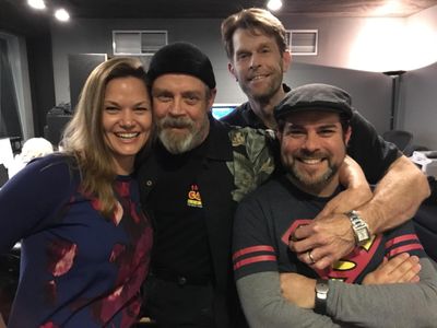 The team from 'Justice League Action' Left to Right: Rachel Kimsey (Wonder Woman),Mark Hammil (Joker),Kevin Conroy (Ba