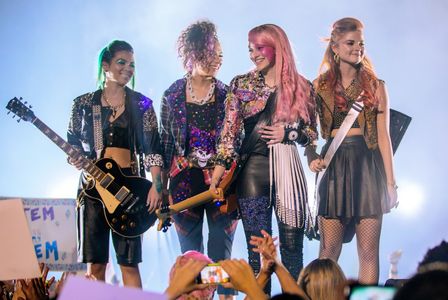 Stefanie Scott, Aubrey Peeples, Hayley Kiyoko, and Aurora Perrineau in Jem and the Holograms (2015)