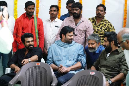 S.S. Rajamouli, Prabhas, Rana Daggubati, and Ram Charan Teja at an event for RRR (2022)