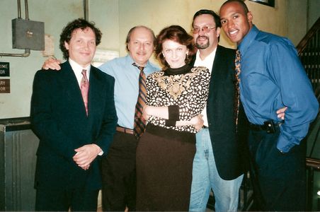 Endre Hules, Dennis Franz, Tatiana Chekhova, Dmitri Boudrine and Henry Simmons on the set of NYPD Blue.