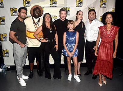 Salma Hayek, Angelina Jolie, Richard Madden, Brian Tyree Henry, Kumail Nanjiani, Lauren Ridloff, and Lia McHugh at an ev