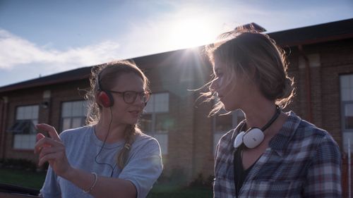 Madeleine Sackler and Anna Lomakina on set of O.G.