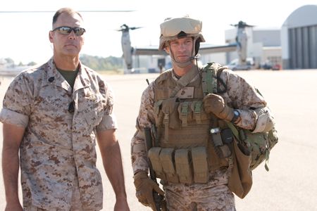 James Dever with Aaron Eckhart on the set of 