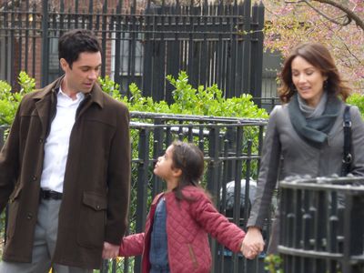 Danny Pino, Laura Benanti, and Alison Fernandez on the set of 