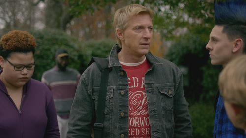 William Zabka, Jacob Bertrand, and Nichole Brown in Cobra Kai (2018)