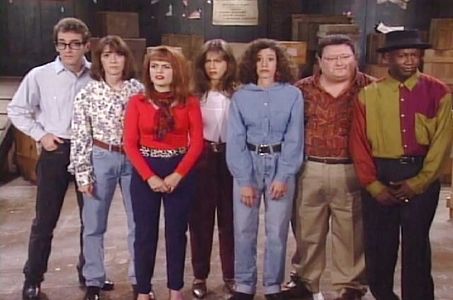 Jennifer Aniston, Wayne Knight, Julie Brown, Tom Kenny, Carol Rosenthal, James Stephens III, and Jill Talley in The Edge