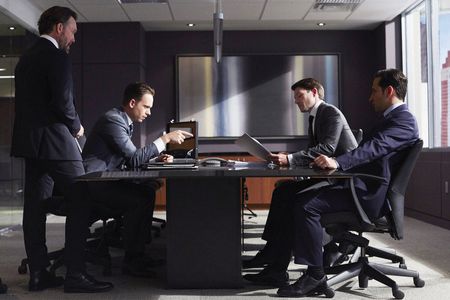 Raoul Bhaneja, John Pyper-Ferguson, Patrick J. Adams, and Brendan Murray in Suits (2011)