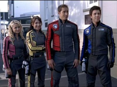 Matt Sadowski, Aly Purrott-Armstrong, Monica May, and Chris Violette in Power Rangers S.P.D. (2005)