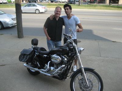 Actor Justin Baldoni making a strong argument to ride the Harley.