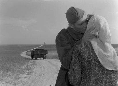 Vladimir Ivashov, Evgeniy Evstigneev, and Antonina Maksimova in Ballad of a Soldier (1959)