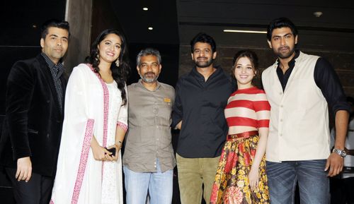 Karan Johar, Prabhas, Tamannaah Bhatia, Anushka Shetty, and Rana Daggubati at an event for Baahubali: The Beginning (201