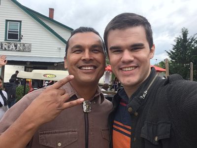 Alex Miller with Adam Beach on the set of Juanita.