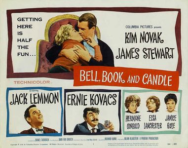 James Stewart, Jack Lemmon, Kim Novak, Elsa Lanchester, Hermione Gingold, Ernie Kovacs, and Janice Rule in Bell Book and