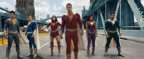 Adam Brody, Meagan Good, Zachary Levi, D.J. Cotrona, Grace Caroline Currey, and Ross Butler in Shazam! Fury of the Gods 