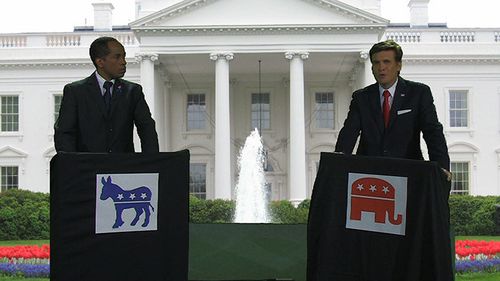 Wil Bowers as Tom Hinker and Dean Scofield as Bill Williams in a scene from The First Real Presidential Debate of 2012.