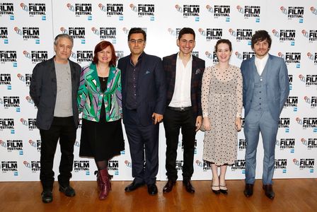 Maziar Bahari, Dimitri Leonidas, Jon Stewart, Claire Foy, Amir El-Masry, and Clare Stewart at an event for Rosewater (20