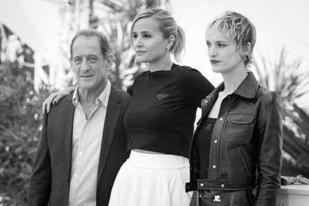 Vincent Lindon, Julia Ducournau, and Agathe Rousselle at an event for Titane (2021)