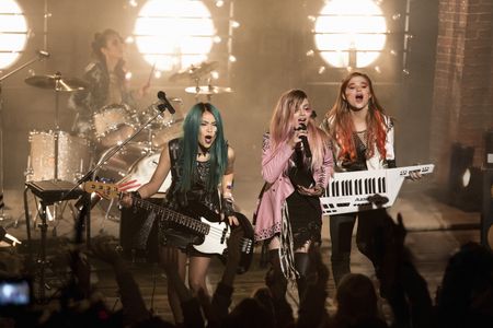 Stefanie Scott, Aubrey Peeples, Hayley Kiyoko, and Aurora Perrineau in Jem and the Holograms (2015)