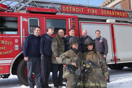 Producers/Directors Tom Putnam & Brenna Sanchez with Detroit firefighters from Engine Co. 50 & Ladder 23.