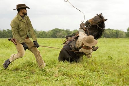 Jamie Foxx, Brian Brown and falling horse Woody on Django Unchained