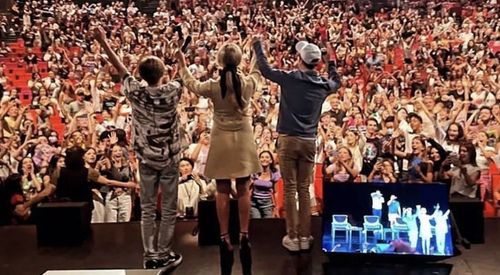 Raphael Luce, Millie Bobbie Brown and Noah Schnapp at the Stranger Fan Meet 5 in Paris, july 2022