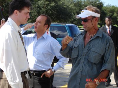 On the set of The Last Time with Brendan Fraser, Michael Keaton.