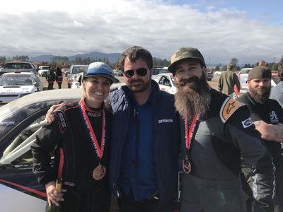 Celebrating podium finish at Olympus Rally with Aaron Kaufman and Krista Skucas