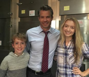 Tim Olyphant with Connor Kalopsis and Hana Hayes on set The Grinder