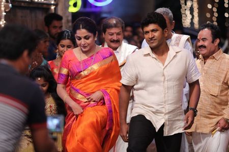 Ramya Krishnan, Puneeth Rajkumar, and Rashmika Mandanna in Anjaniputra (2017)