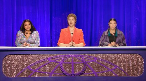 Traci Melchor, Sarain Fox, and Brock Hayhoe in Canada's Drag Race: Canada vs the World: Snatch Summit (2022)