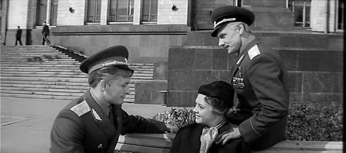 Vasiliy Lanovoy, Alina Pokrovskaya, and Georgiy Yumatov in Officers (1971)