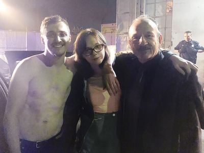 Kyle Gallner, Emily Skeggs and David Yow on the set of Dinner in America