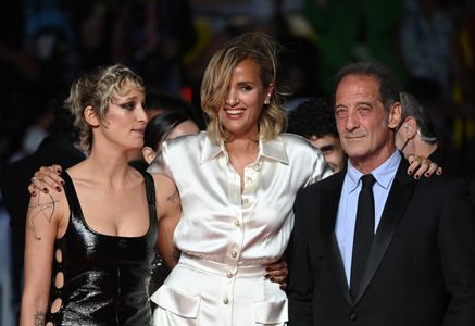 Vincent Lindon, Julia Ducournau, and Agathe Rousselle at an event for Titane (2021)