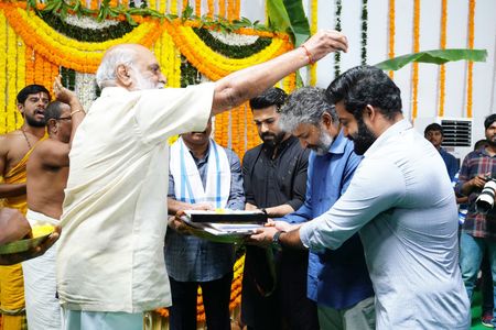 K. Raghavendra Rao, S.S. Rajamouli, N.T. Rama Rao Jr., D.V.V. Danayya, and Ram Charan at an event for RRR (2022)