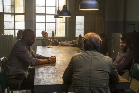 Jeffrey Dean Morgan, Matt Mangum, Steven Ogg, Mike Seal, Austin Amelio, and Elizabeth Faith Ludlow in The Walking Dead (