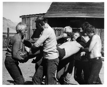 Lee Marvin, Bo Hopkins, Raymond Guth, John Hudkins, Mitchell Ryan, and G.D. Spradlin in Monte Walsh (1970)