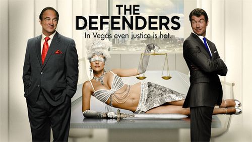 Natalie Cohen as Lady Justice in The Defenders advertising campaign, with Jim Belushi and Jerry O'Connell (2010).