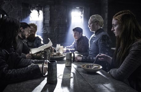 Ben Crompton, Kristofer Hivju, Kit Harington, Gwendoline Christie, Sophie Turner, and Daniel Portman in Game of Thrones 